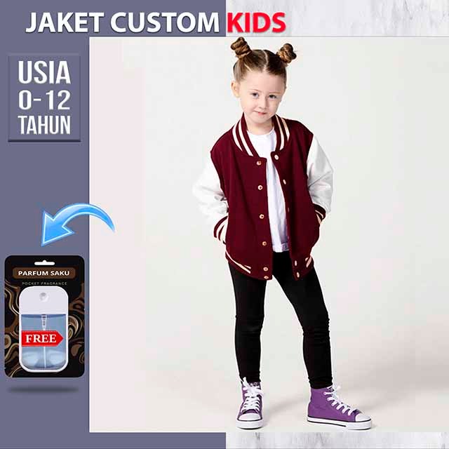 JAKET VARSITY ANAK POLOS (MARON PUTIH) JACKET KIDS BASEBALL CUSTOM
