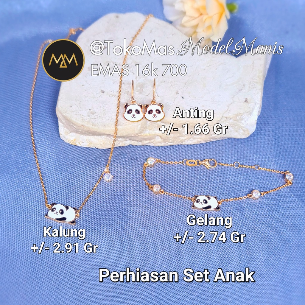 Perhiasan set kalung gelang anting Little Panda emas kuning 700 kadar 16k