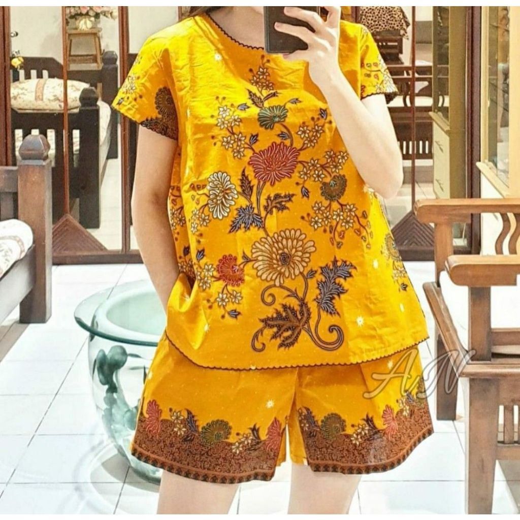 Setelan Batik Wanita Premium | Baju Batik Imlek wanita warna Kuning kain Katun | baju tidur wanita D