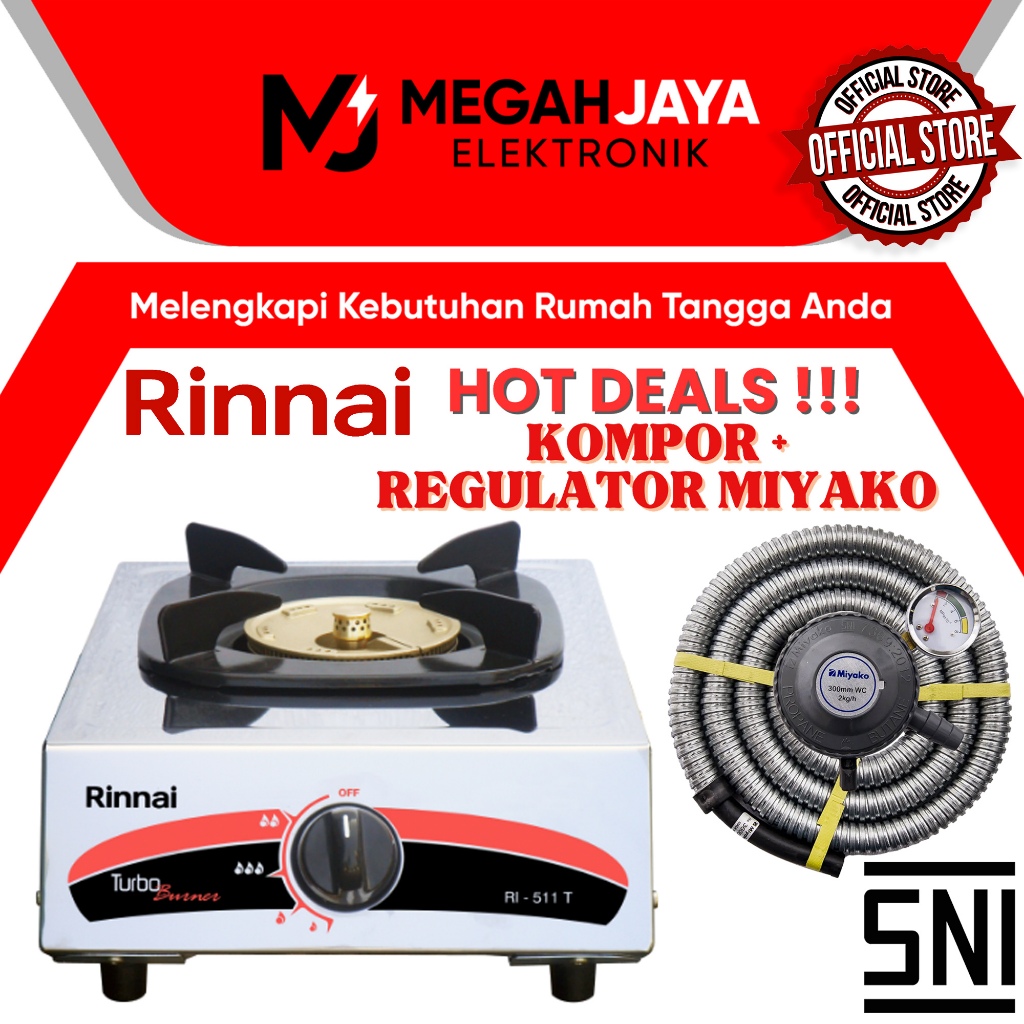 Paket Hemat Kompor + Regulator Rinnai Ri 511T / Ri-511T / Ri 511 / T Ri511 T (1 Tungku)