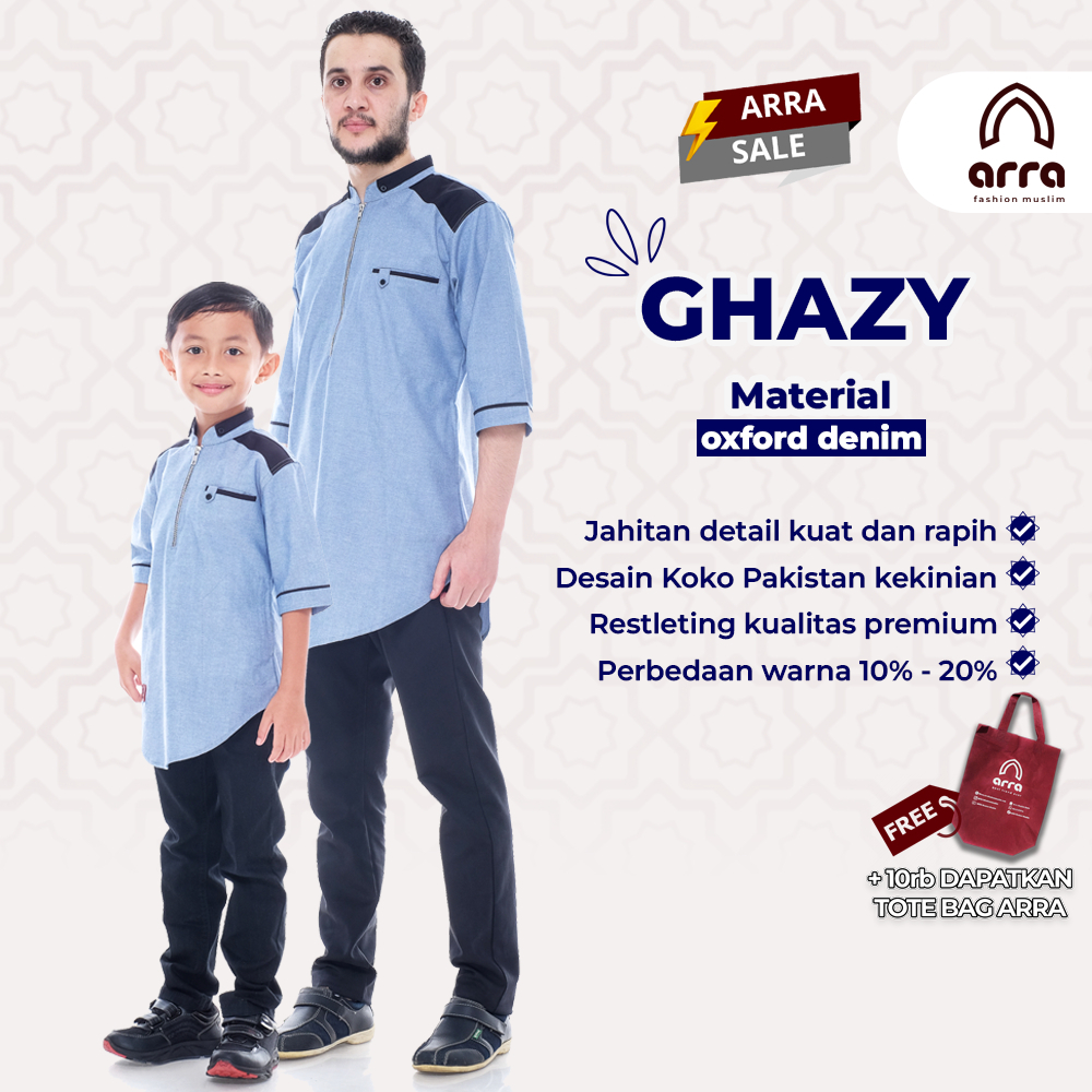 Arra Ghazi Baju Koko Pria Lengan 3/4 Dewasa dan Anak Laki Laki Bahan Oxford Denim Size S M L XL XXL 