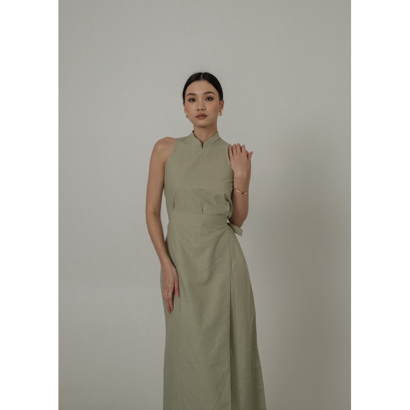 CLOUDS Aura - Premium Linen Dress Wanita - Sleeveless Night Dress - Sage Green Dress - Baju Lebaran