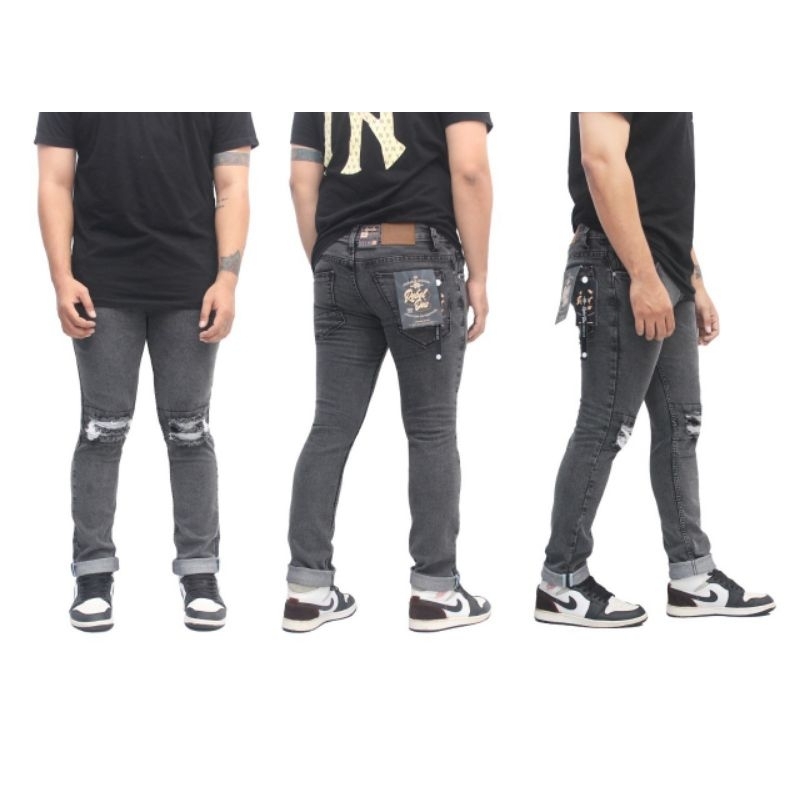 celana jeans slimfit sobek di lutut abu abu pria