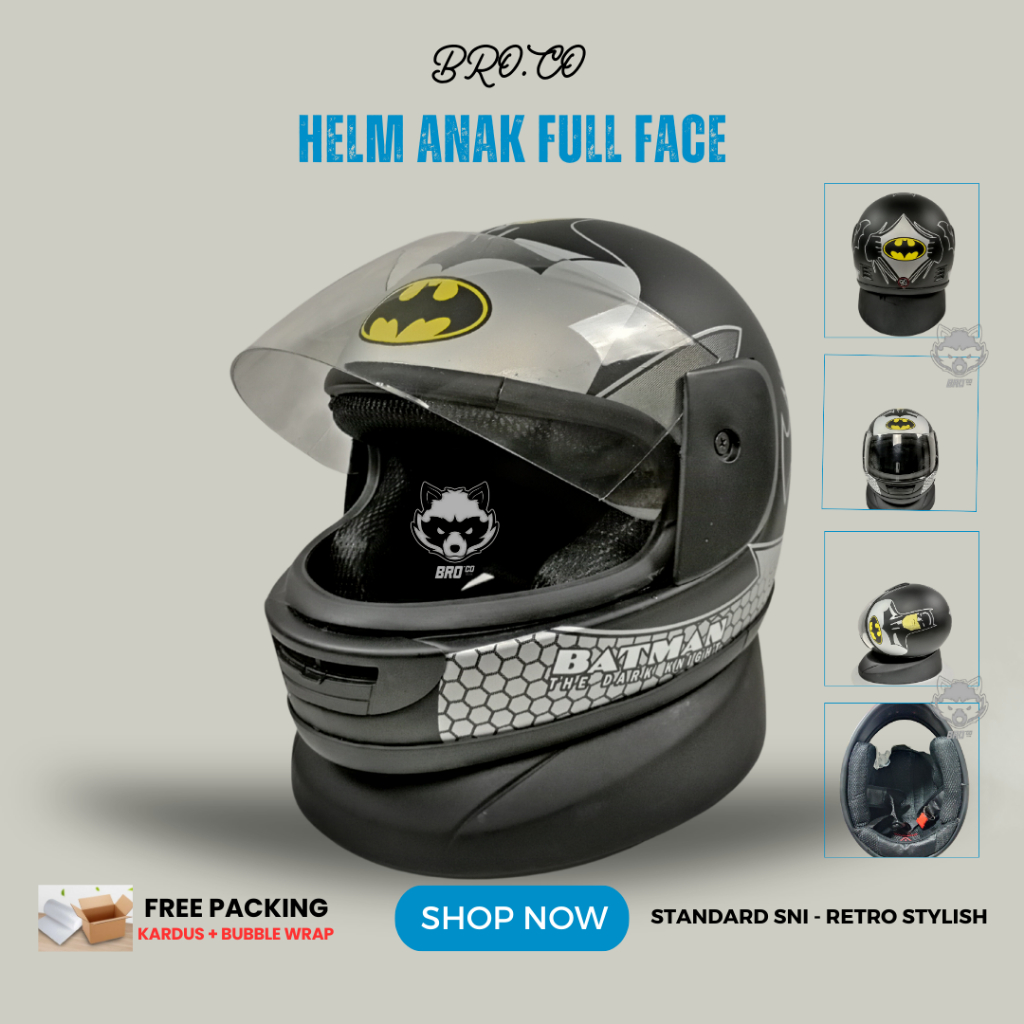 HELM FULL FACE ANAK ANAK KLASIK JUNIOR PREMIUM STANDARD SNI BATMAN HITAM DOFF BROKIDS BRO.CO UNTUK L