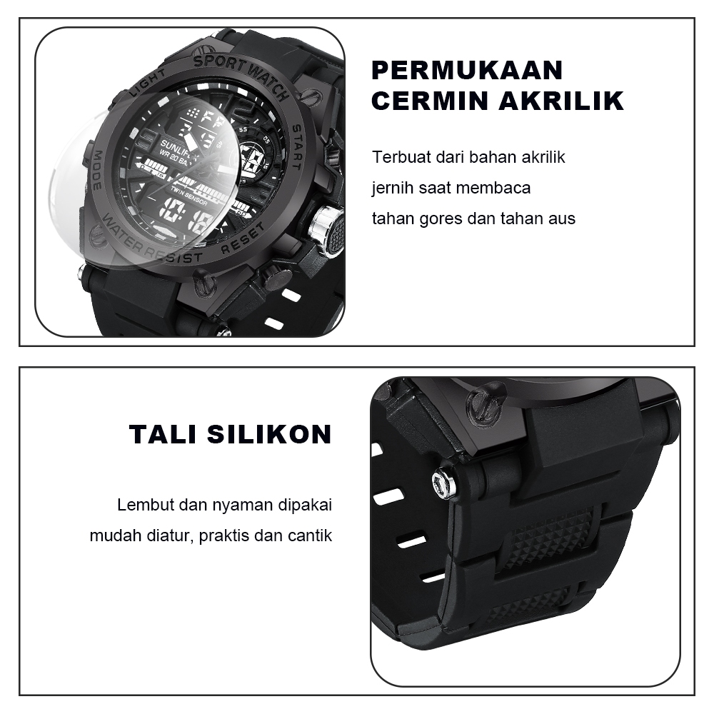 Sunlifex Jam Tangan Pria Digital&Analog Olahraga Multifungsi Tali Silikon Jam Tangan Cowok D003-5