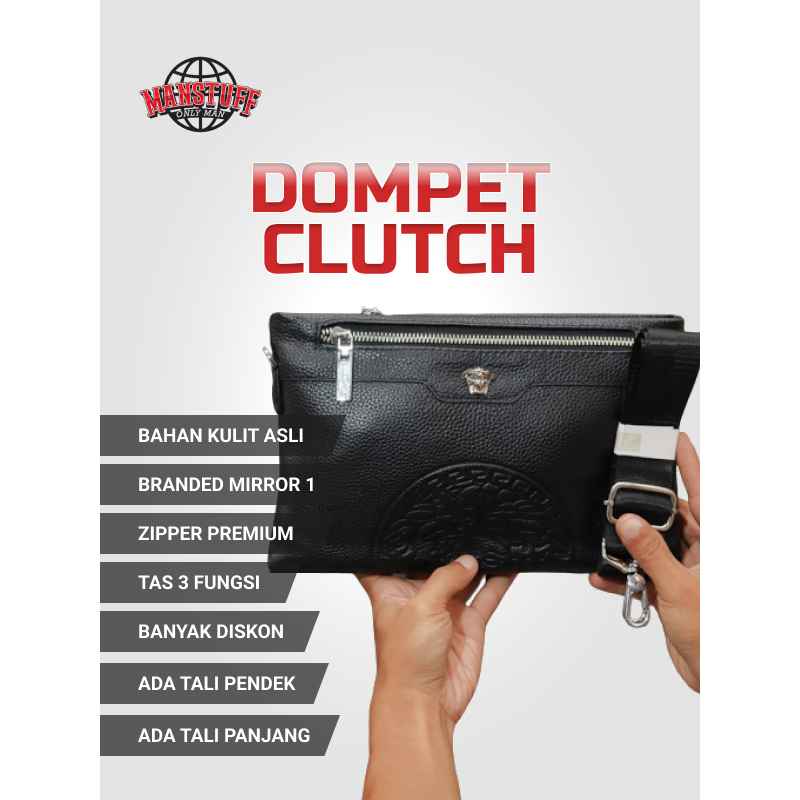 Handbag Hand Bag Clutch 3 Fungsi Pria Kulit Branded Kualitas Premium Merk Versace Hitam Logo Embos