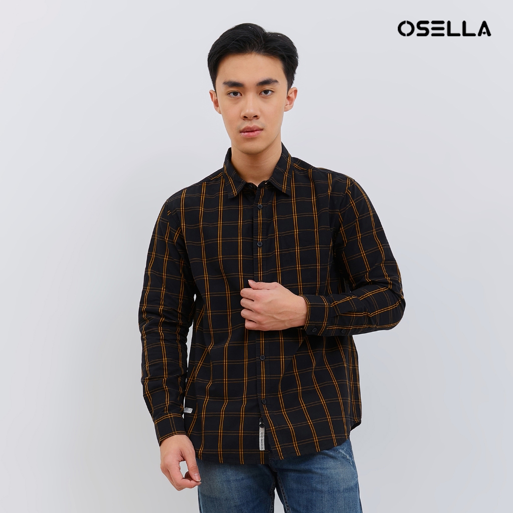 [NEW] Osella Raya Regular Fit Shirt In Black And Mustard Checkered Pattern 2037400743 | Kemeja Lenga