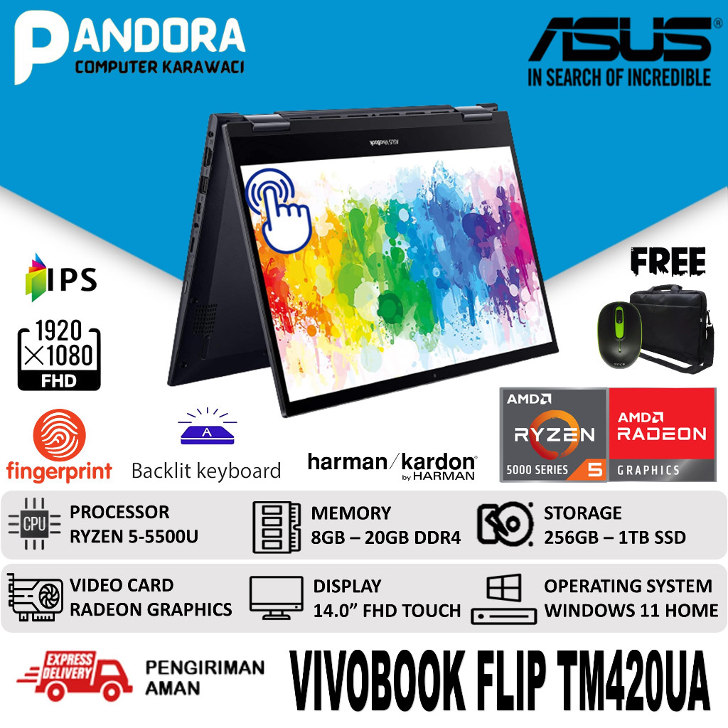 LAPTOP MURAH ASUS VIVOBOOK FLIP TM420UA RYZEN 5 5500U 12GB 512GB SSD TOUCHSCREEN 2IN1 WIN10