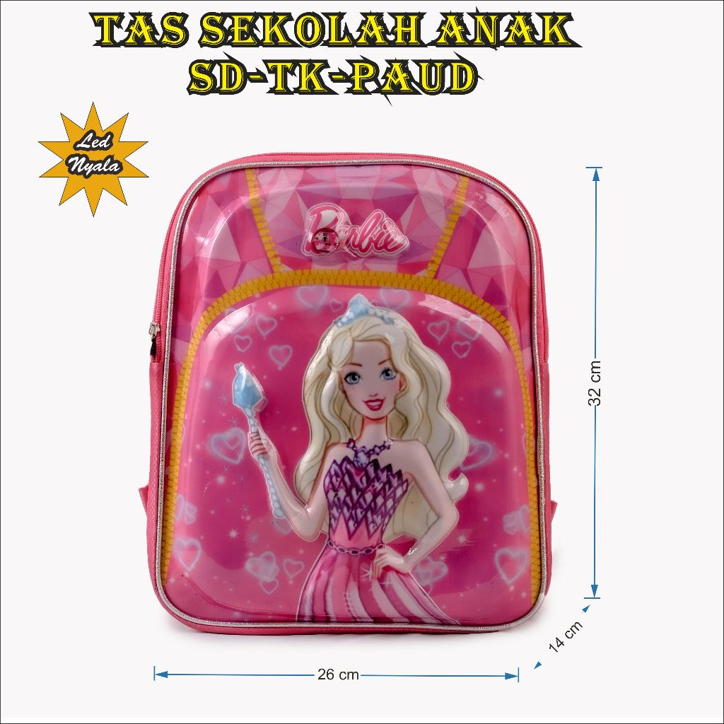 Tas ransel Sekolah Anak Perempuan FAUD-TK karakter cartun motif Frozen Berbie 3D Led timbul kualitas