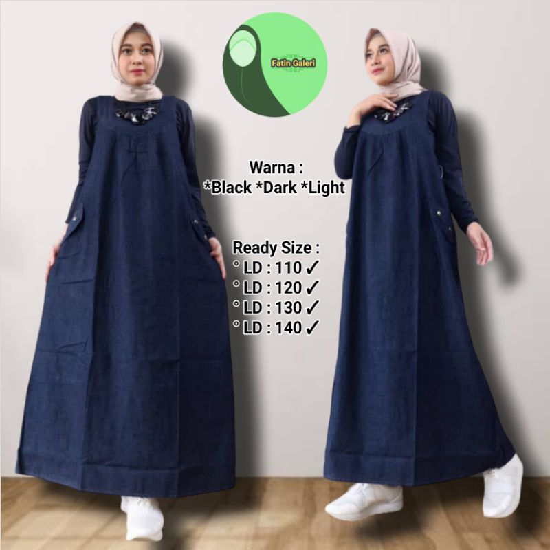 Overall Rok Panjang Jeans Polos Super Jumbo Ld 110 - 140 Baju Kodok Dress jins Big Size Saku ki-ka B