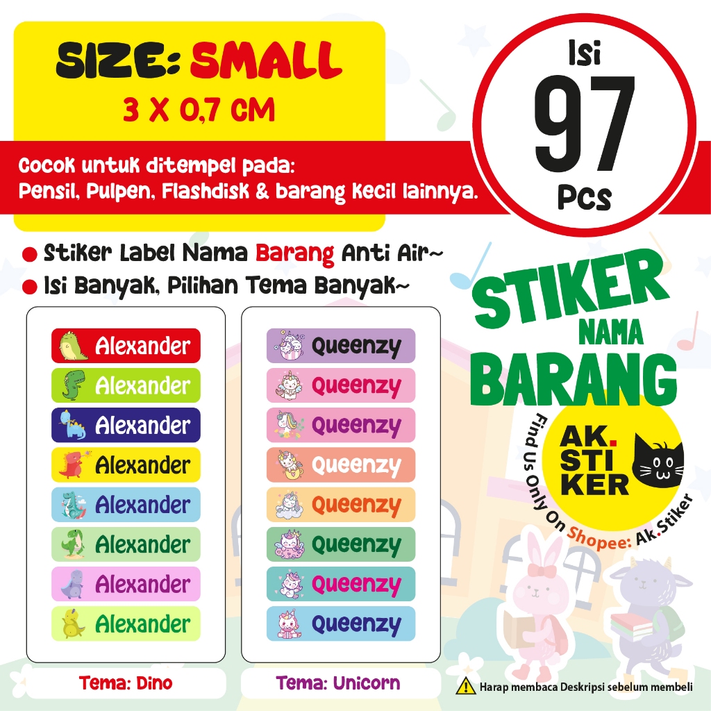 

Stiker Nama Label Nama Waterproof - SIZE SMALL ISI 97 PCS - Stiker Label Tempat Makan Minum Buku dll