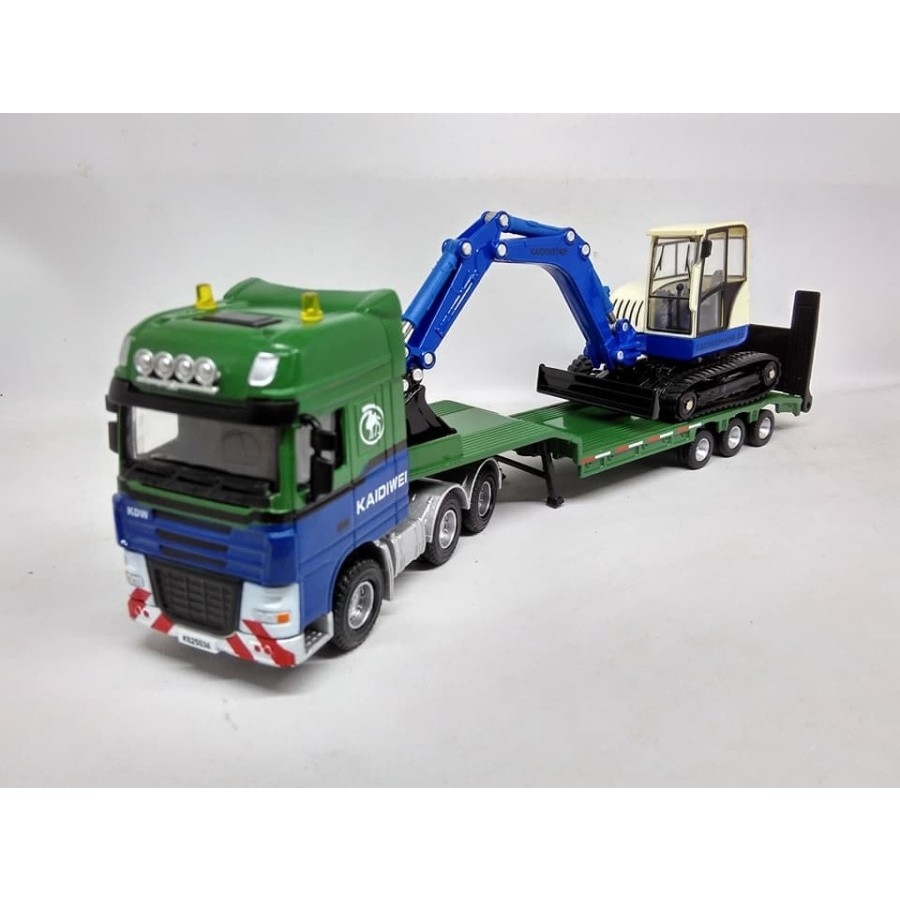 Miniatur Truk Trailer LOW LOADER WITH EXCAVATOR Kaidiwei Diecast Truck KDW 1:50 Diecast truk kontain
