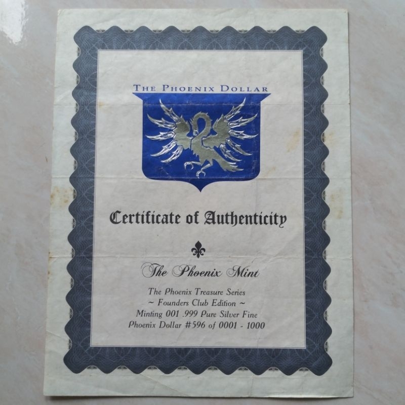Koleksi Arsip Kuno ASLI The Phoenix Dollar Certificate of Authenticity - YN1134