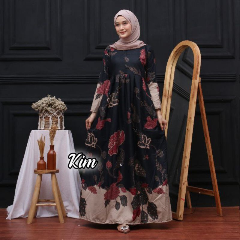 Baju Batik Gamis wanita Modern Motif Mawar Hitam Ukuran Standar dan Jumbo