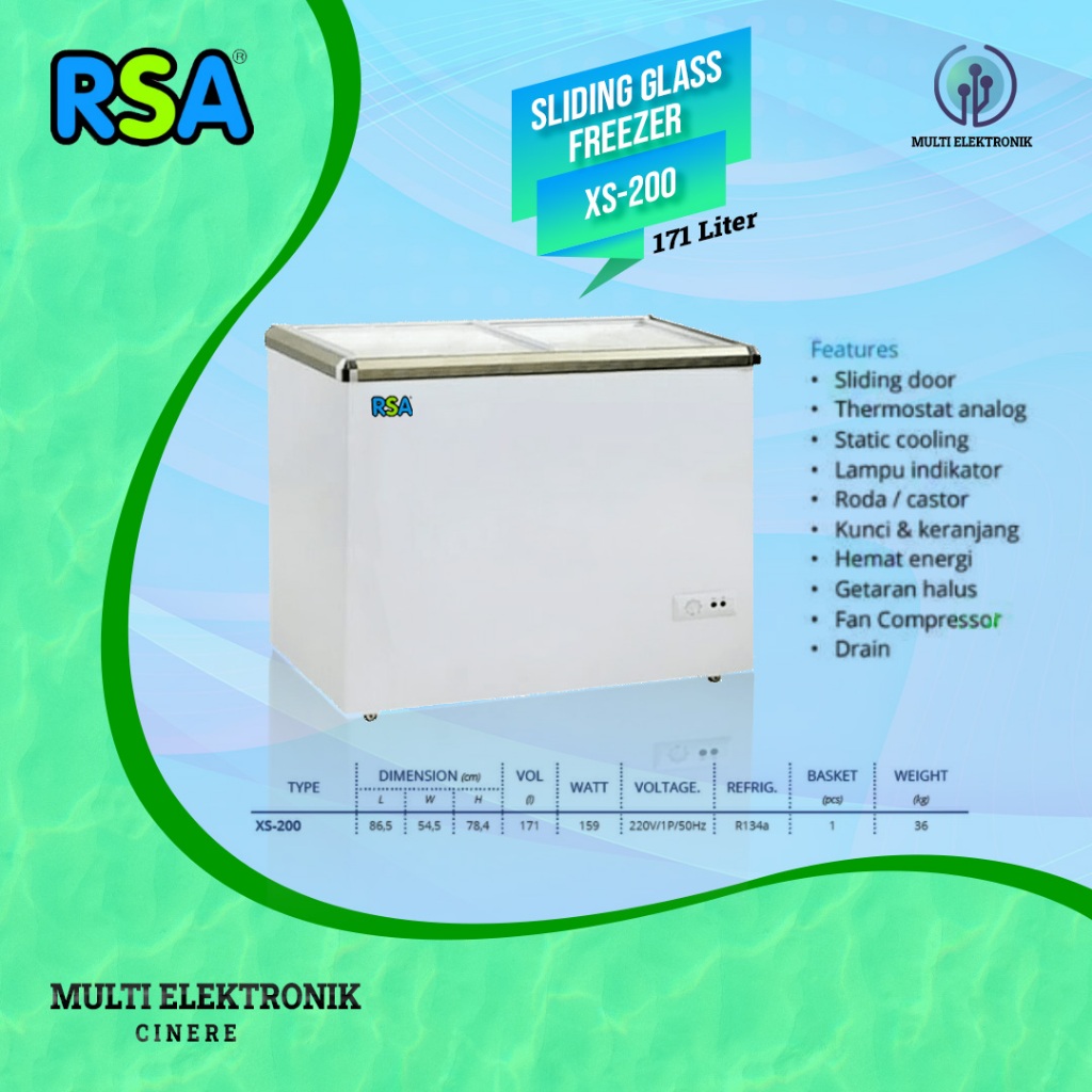 RSA Flat Sliding Glass Freezer XS-200 - 200 Liter