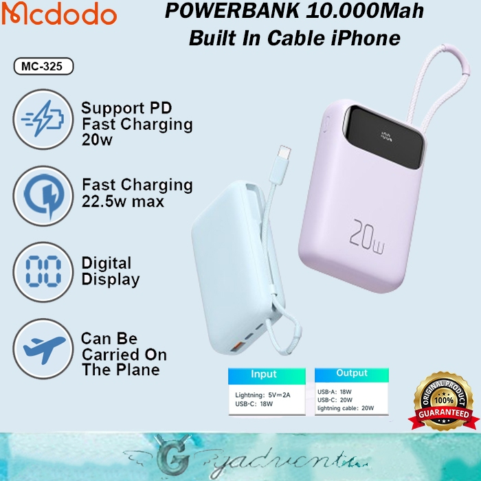 Mcdodo MC-325 Powerbank 10000mAh PB USB A + USB Type C Output Power Bank PD Fast Charging 20W With C