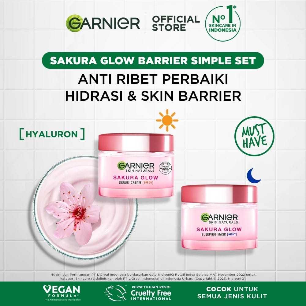 (Dapat 2 Pcs) Garnier Sakura GLOW White HYALURON Day + Night Cream - Krim Pagi/Siang Malam Skincare Wajah Glowing