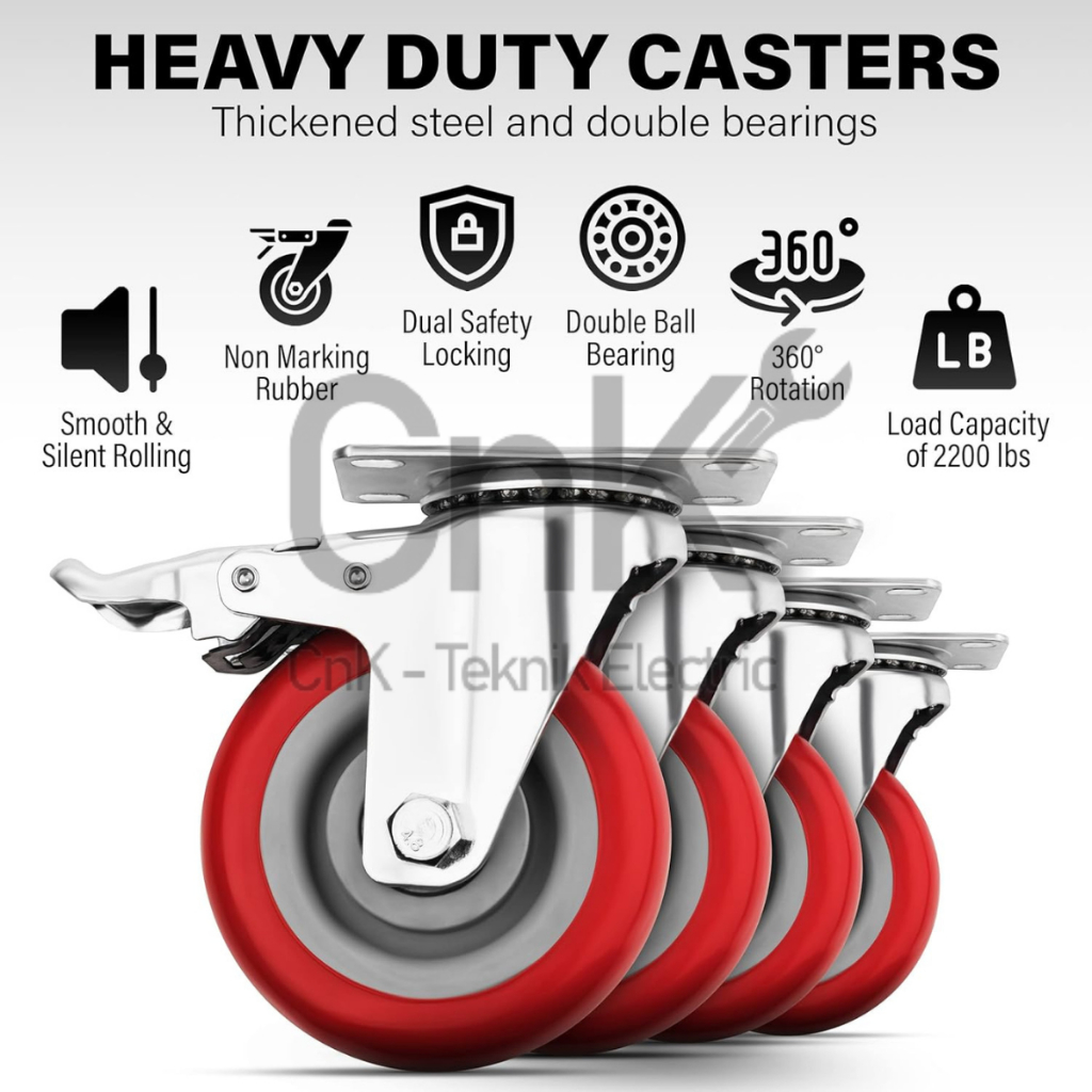 RODA CASTER WHEEL PU MERAH HEAVY DUTY 3 / 4/ 5 INCH RODA TROLY UP TO 180 KG