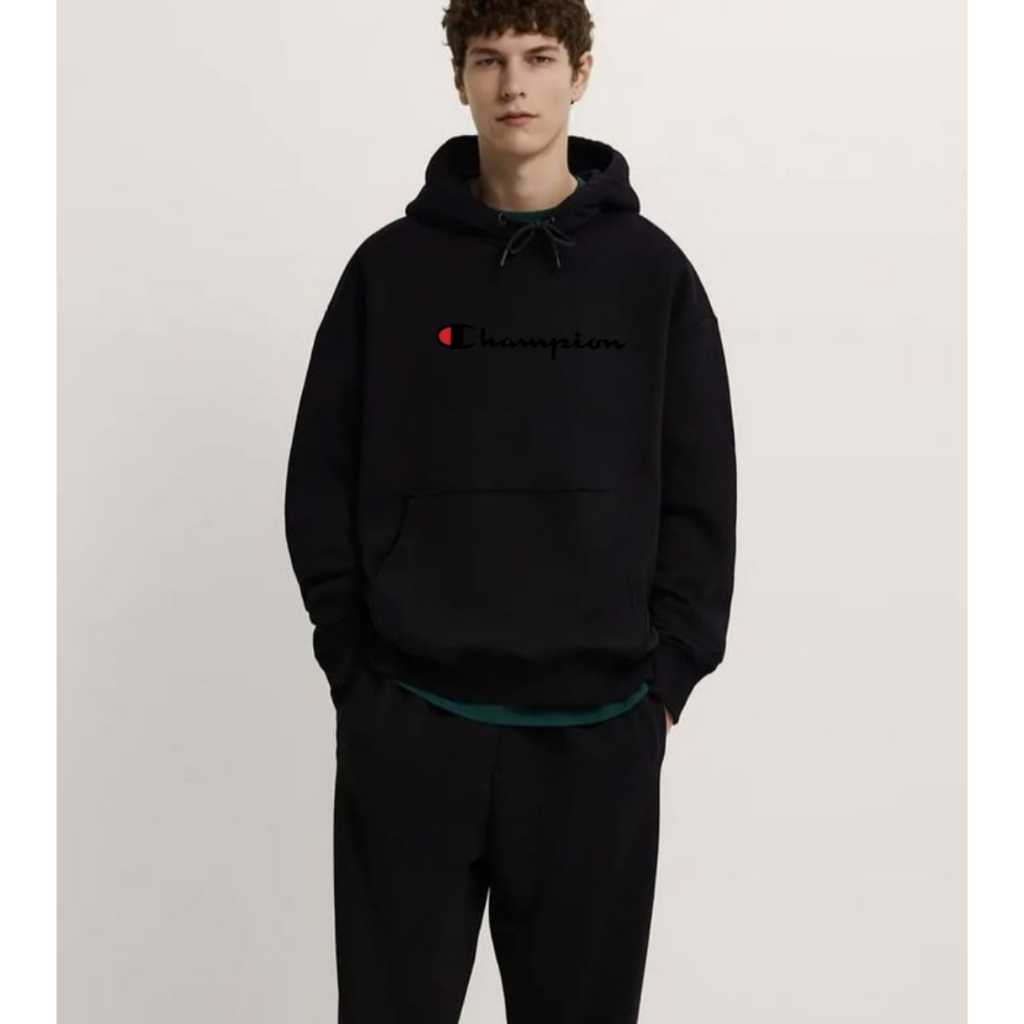 Switer Hoodie Champion Hitam Tebal Kualitas Premium Pria Wanita