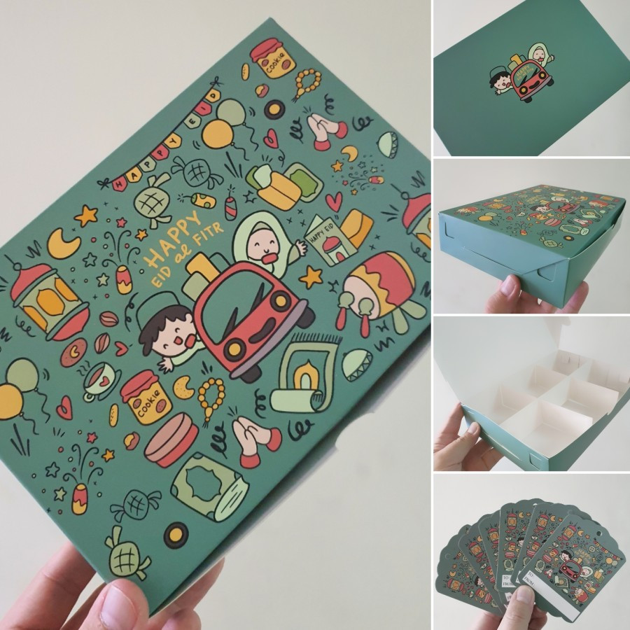 

( 12 pcs ) Box Parcel Kotak Lebaran Sekat 6 Kardus Packaging Kue Eid Idul Fitri Design Happy Eid + Tag