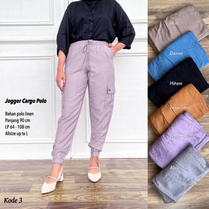 CELANA WANITA JOGGER CARGO POLO LINEN L+