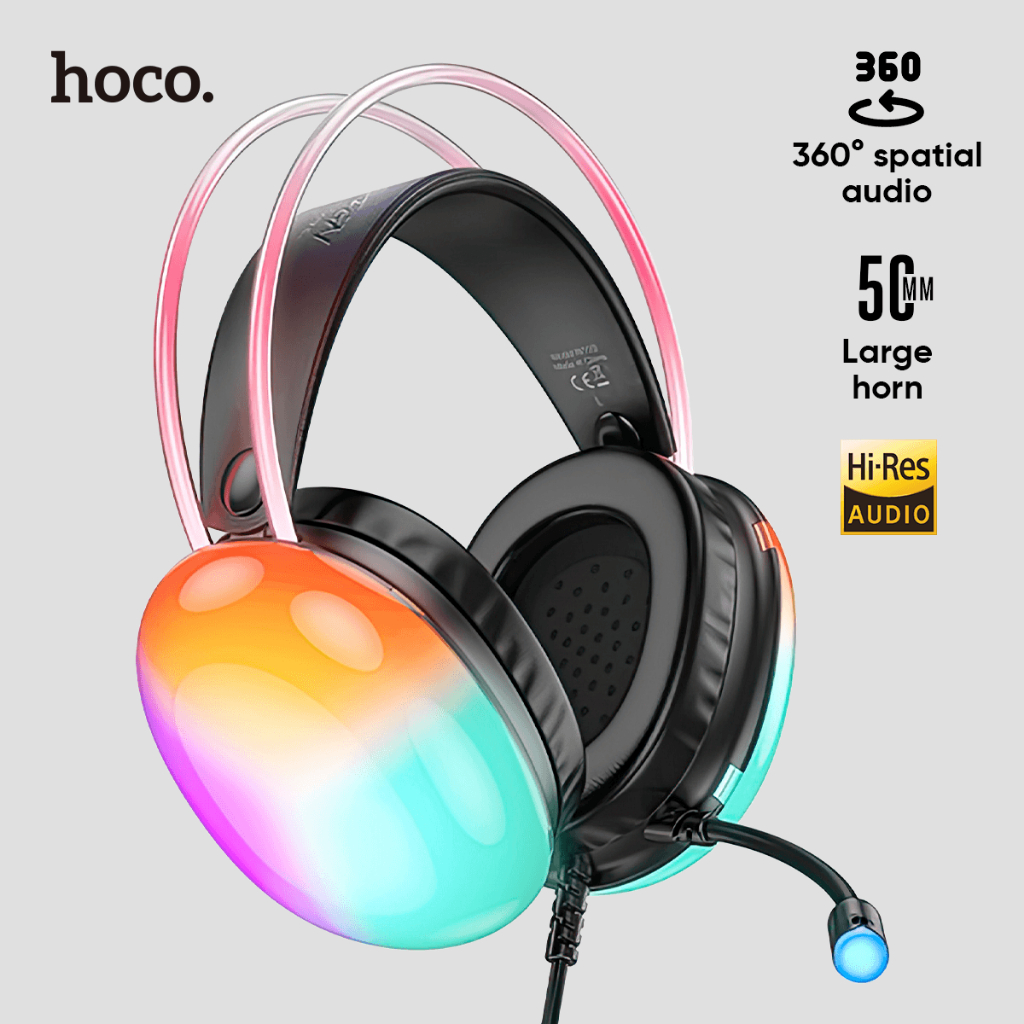 Hoco Gaming Headphone Wired HD Micphone 50mm Hifi Speaker RGB Lights W109