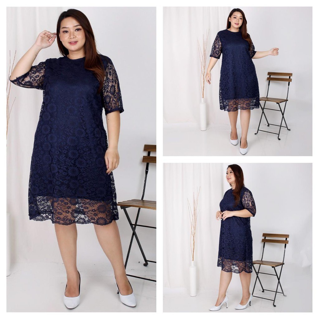 Dress SILVANA Big Size Brukat Jumbo Dres Brokat NAVY XXL Bigsize XXXL Dress Natal Imlek