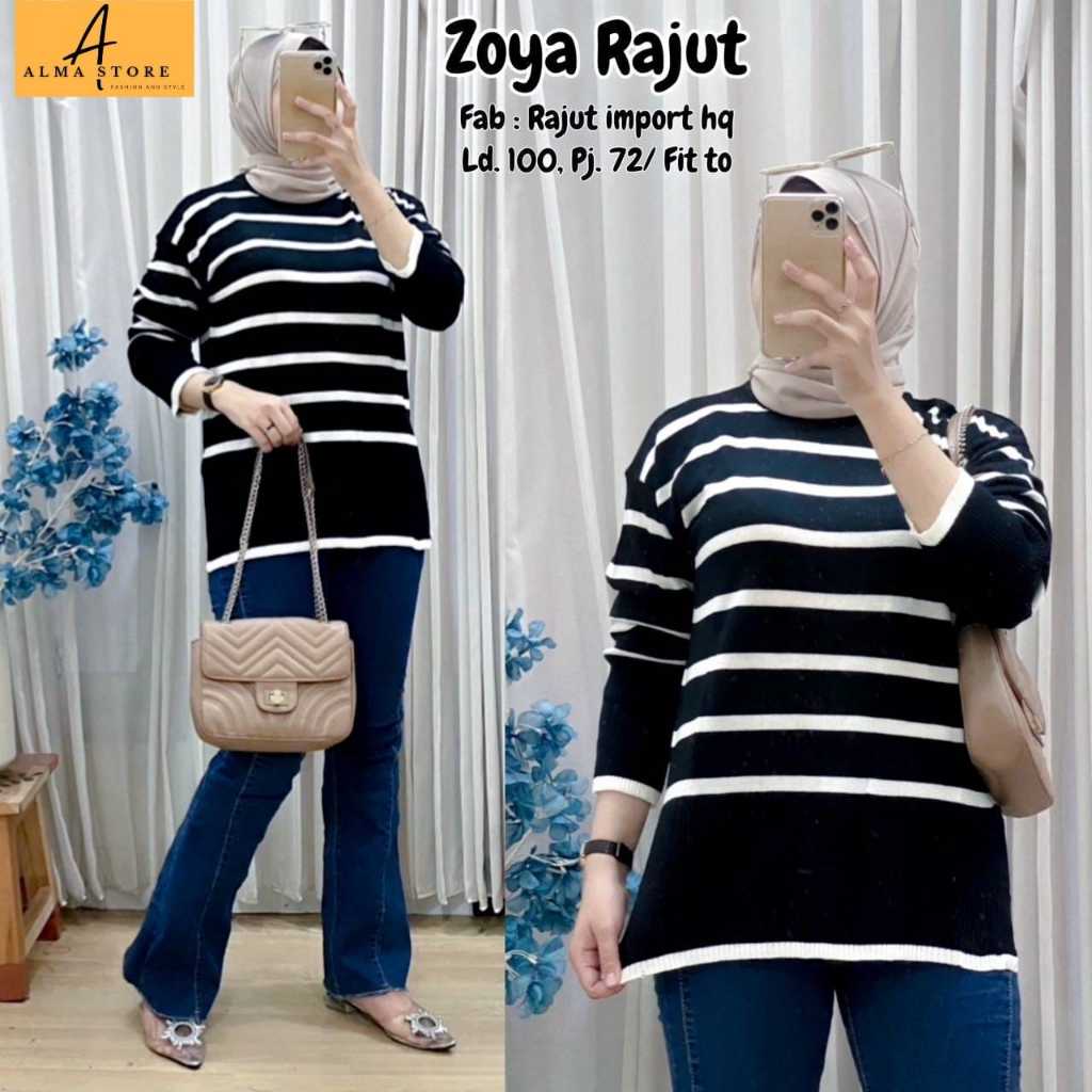 zoya atasan kaos top t-shirt baju rajut knit stripe striped stripes salur garis lengan panjang ld 10