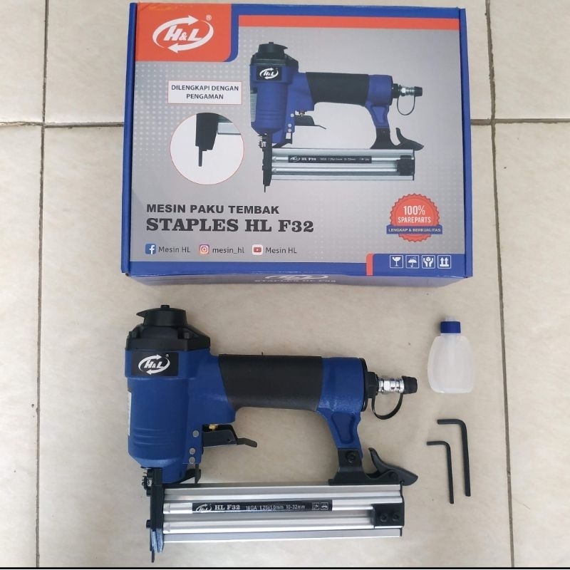 

Mesin Paku Tembak Staples Stapler Air Nail Nailer Gun H&L HL F32 Dengan Pengaman Safety