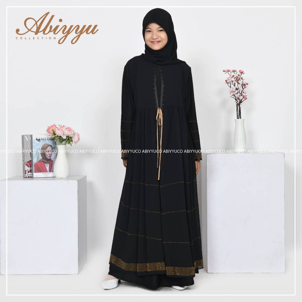 lok Abiyyuco TA9033A Abaya Turki Hitam dan Putih Anak Perempuan Baju Gamis Turkey Remaja Tanggung