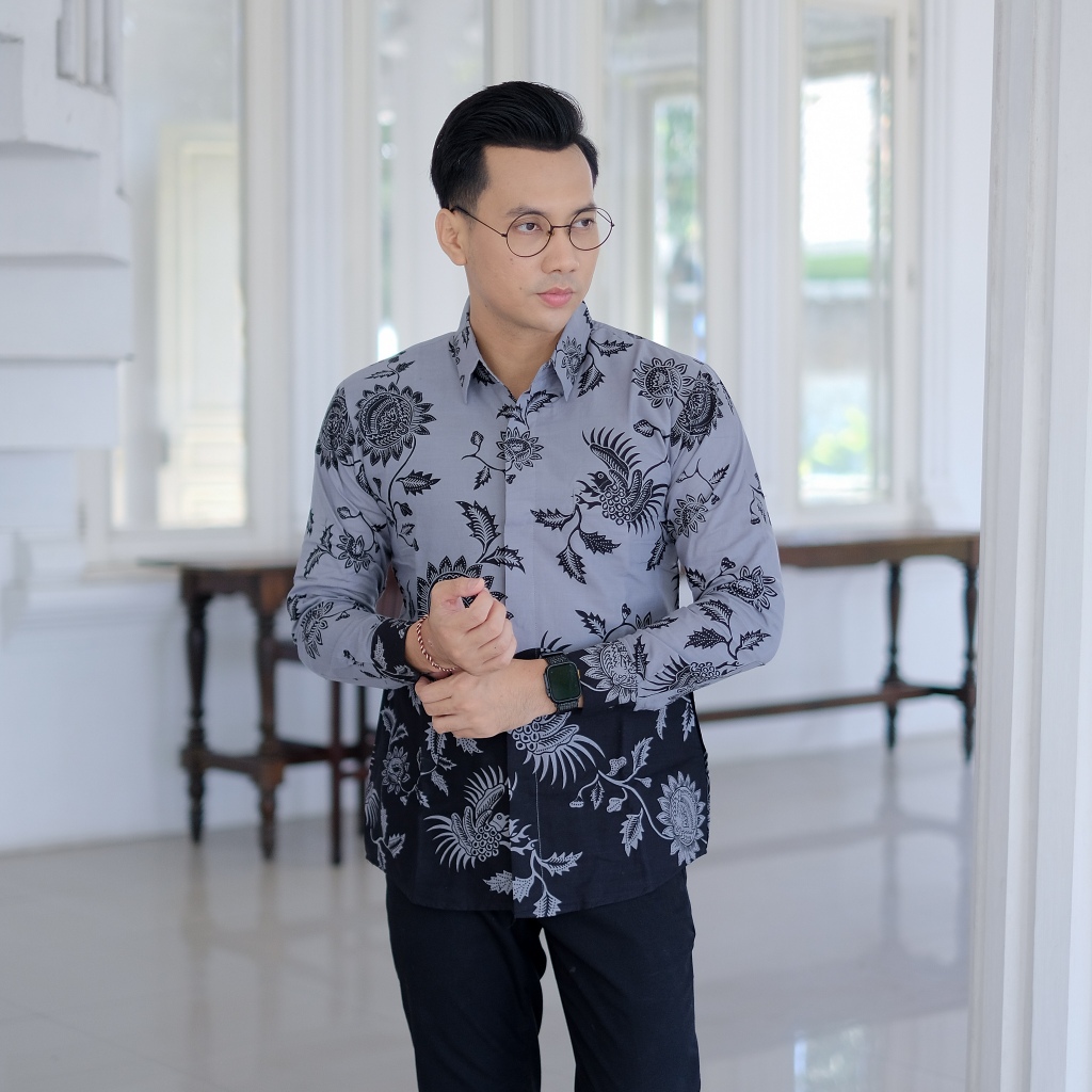 Kemeja batik pria lengan panjang original Motif Anggabaya Abu baju batik pria warna abu abu model sl
