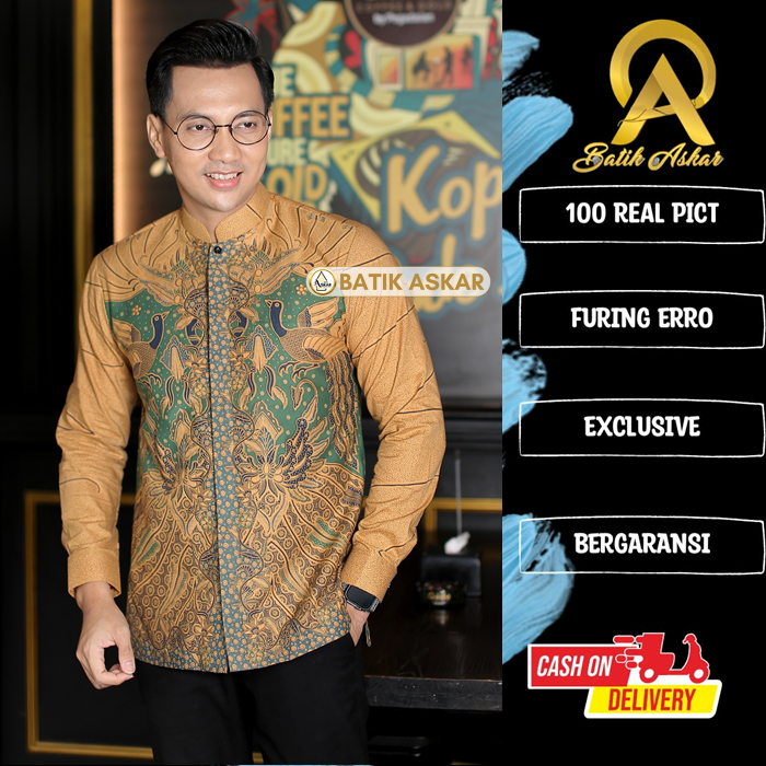 ASKAR Baju Batik Koko Pria Muslim Reguller Fit Lengan Panjang Modern Heem Premium Warna Kuning Hijau