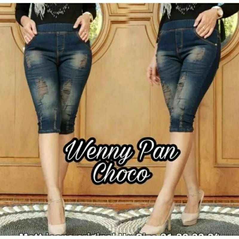 celana jeans pendek wanita jeans sobek 7/8 legging pinggang karet kolor rip celana7/8 jeans wanita r