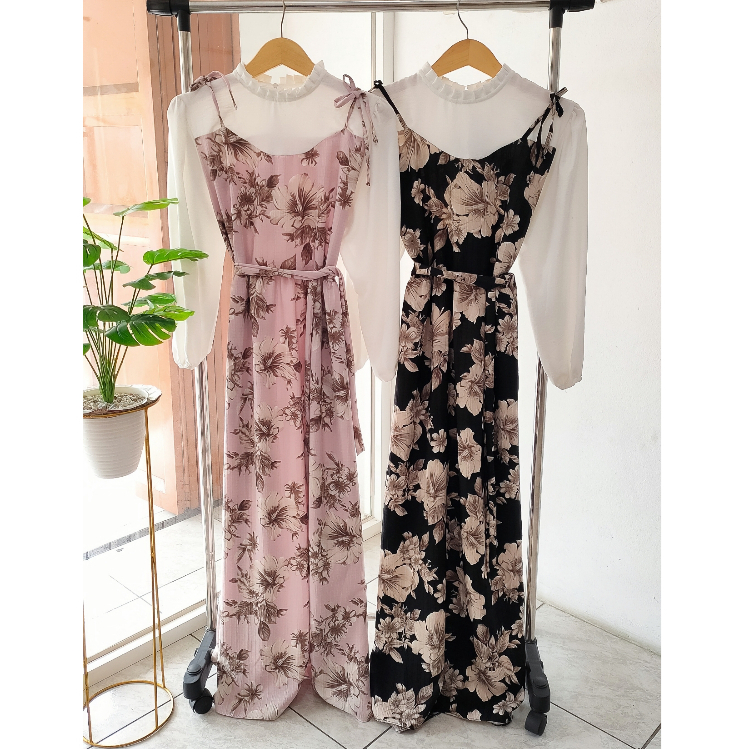 Overall dress crincle/overall inner/overall motif bunga besar/gamis overall/dress crincle/gamis crin