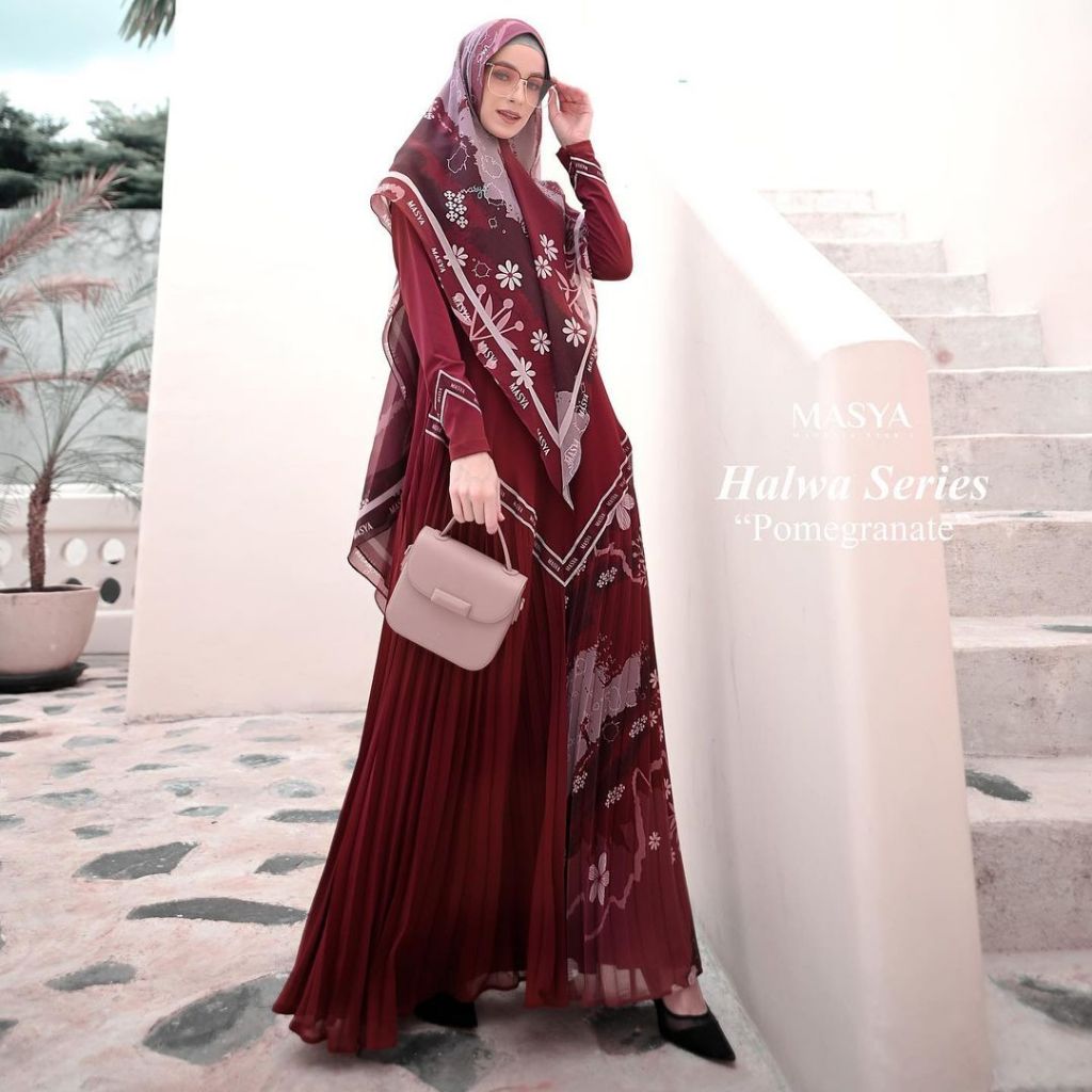 Set Gamis Dress Ceruty Babydoll Printing Premium Syari Branded Merah Maroon - Broken White - Ungu - 
