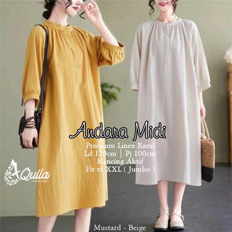 Andara Midi by Aquila/Midi Linen Rami Premium/Midi Dress Terbaru/Midi Dress Kekinian/Midi dress best