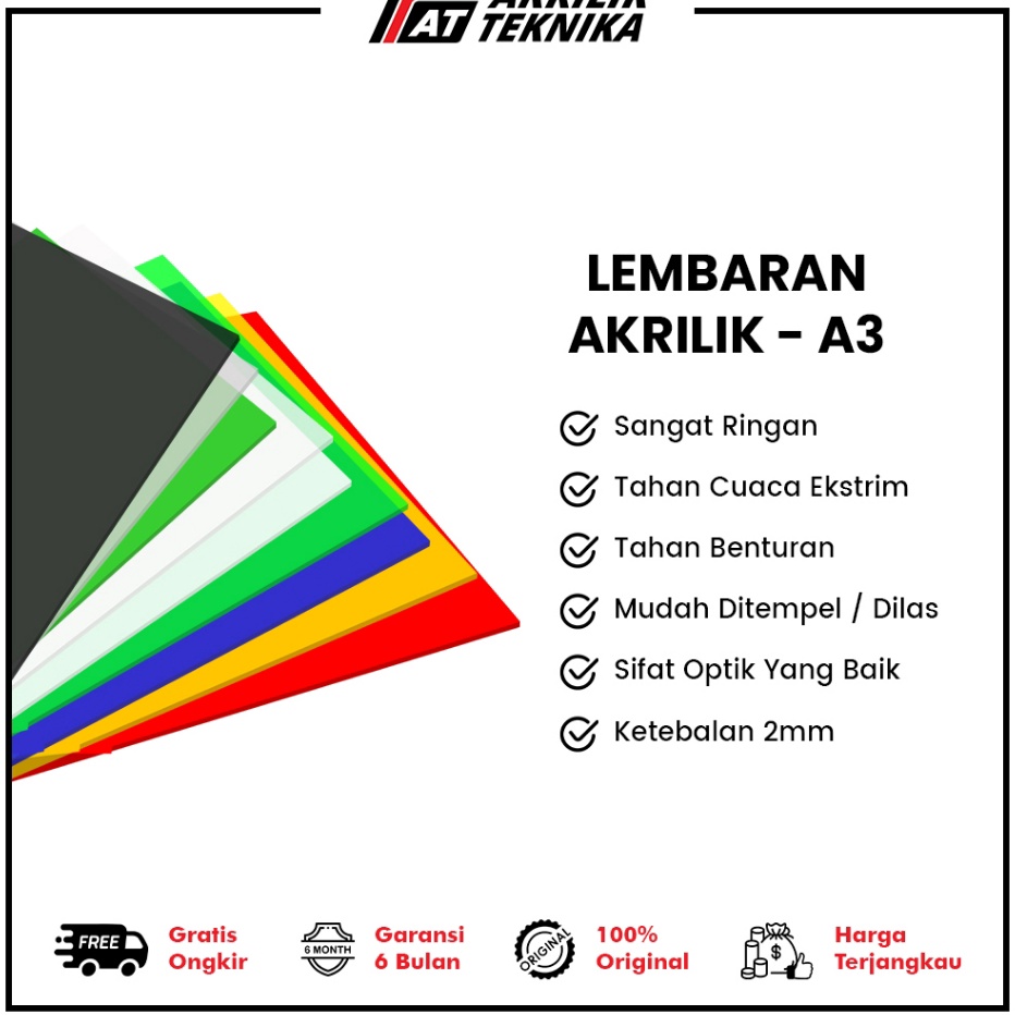 

Stok terbaru Acrylic Sheet Lembaran Akrilik Transparan Clear Bening Hitam Putih Merah Kuning Biru Hijau A3 2mm