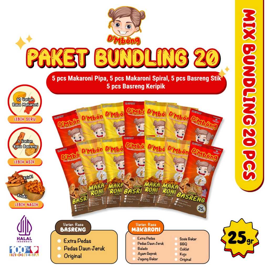 

(BUNDLING 20) Dmbong Makaroni Spiral, Makaroni Pipa dan Basreng Stik, Basreng Keripik 25 Gram