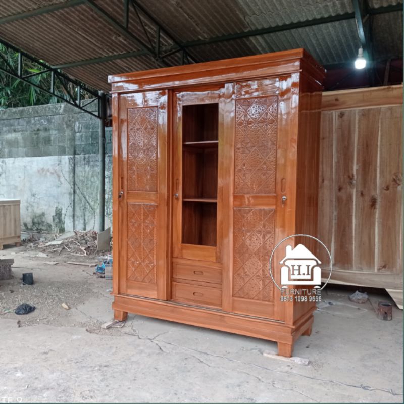 lemari jati pintu 3 sliding door pintu geser