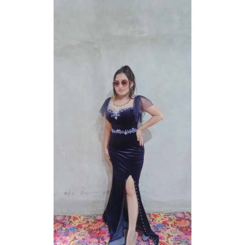 (PO 4Hari) Dress Bludru Velvet Premium Navy Pesta/Kondangan/Penyanyi/Wisuda