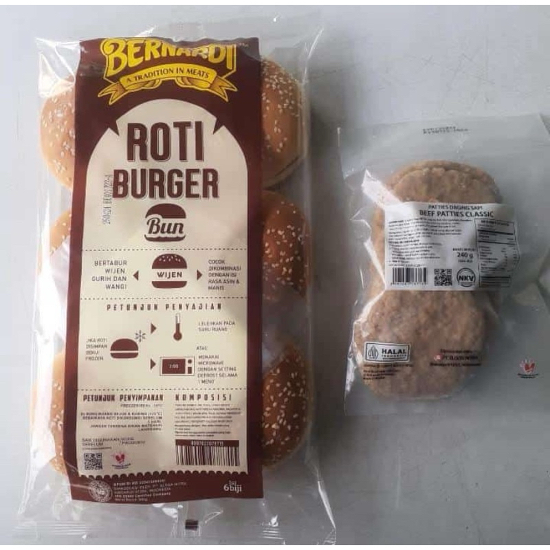 

Paket Roti Burger Bernardi & Beef Patties Daging Sapi Tebal isi 6