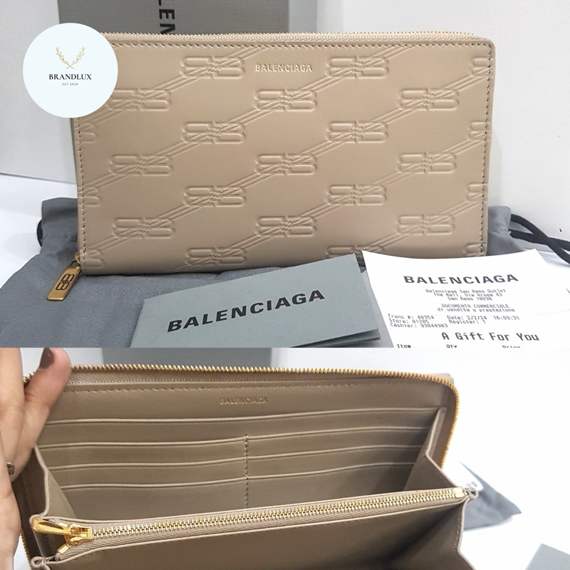 BALENCIAGA Zip Long Wallet Beige BB Logo leather