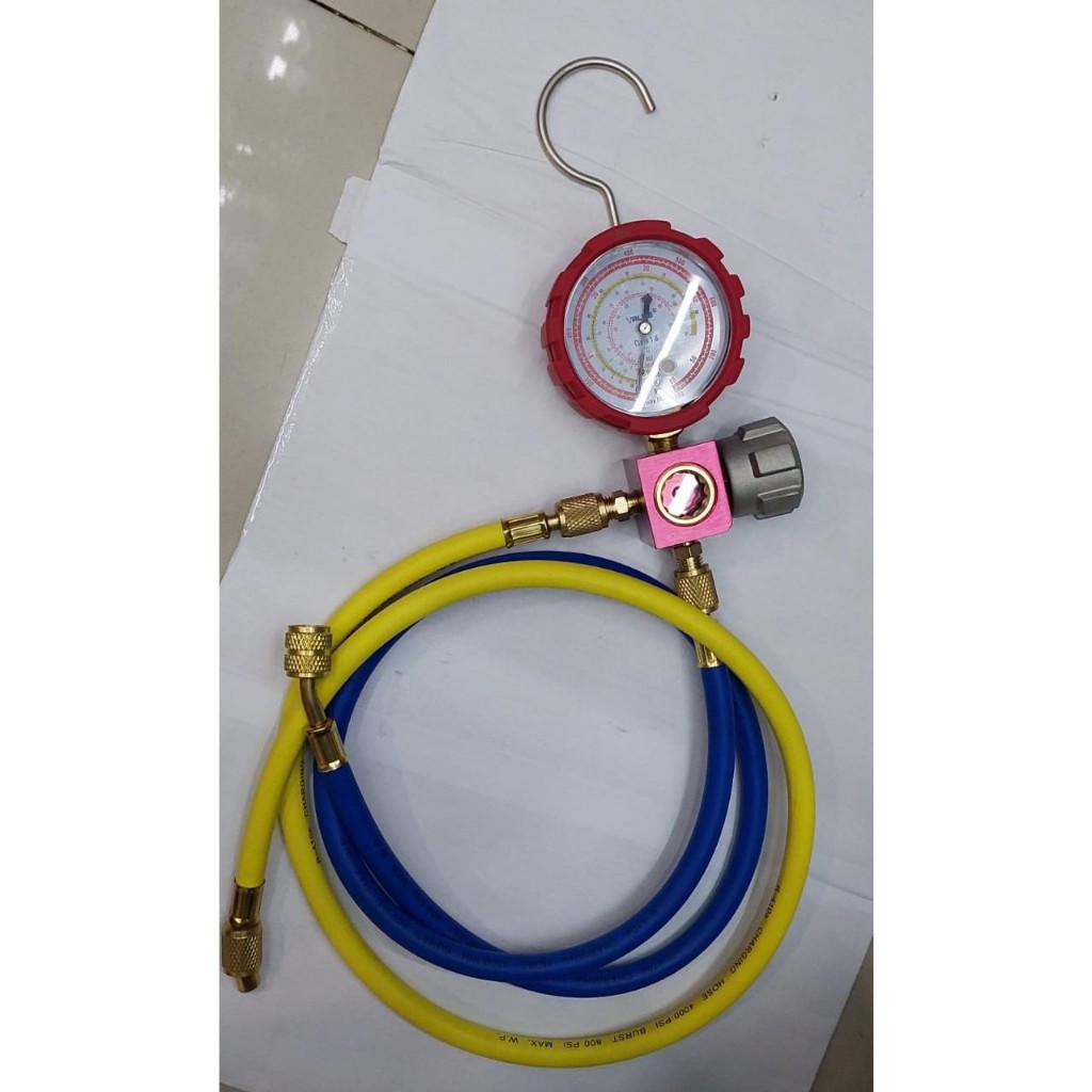 Testing MANIFOLD VALUE (merah) + SELANG R410 R32 MULTI plus selang 2 pcs alat isi freon ukur tekanan
