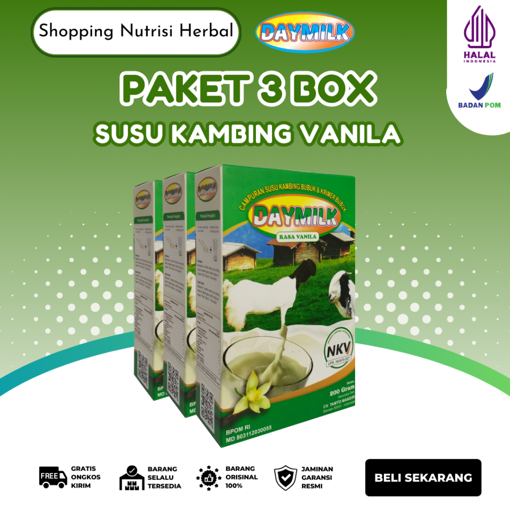 

[ PAKET 3 BOX ] Susu Daymilk Rasa Vanila - Susu Kambing Etawa Murni Bubuk Premium - 200gr HALAL BPOM