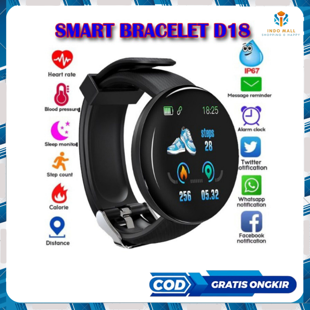 Smartwatch D18 Jam Tangan Smartband D18 Waterproof Smart watch Indomall
