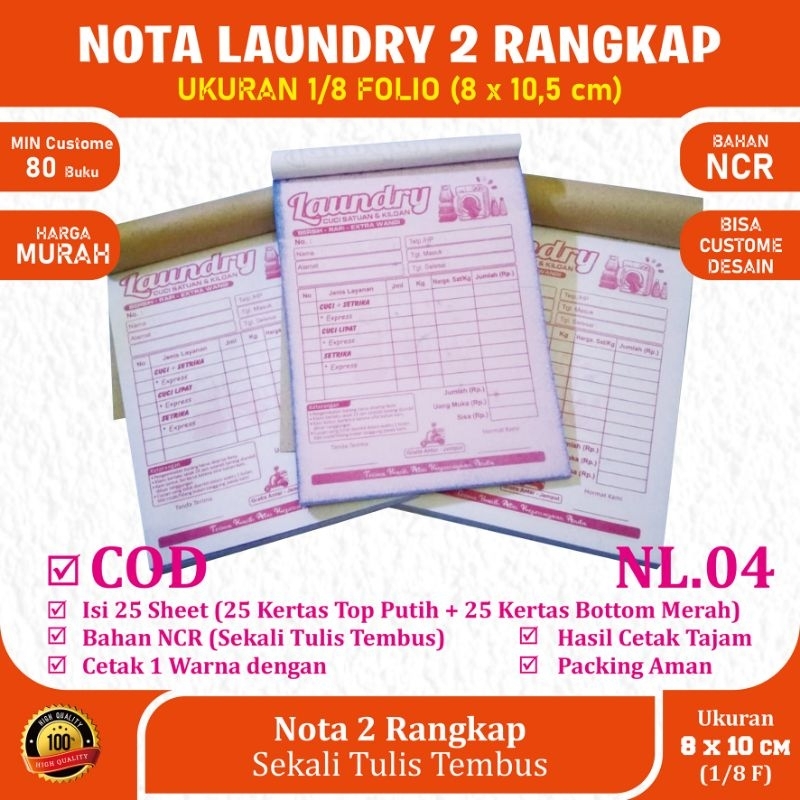 

Nota Laundry 1/8 folio Rangkap 2 (2 ply) isi 25 set NCR Motif NL.2