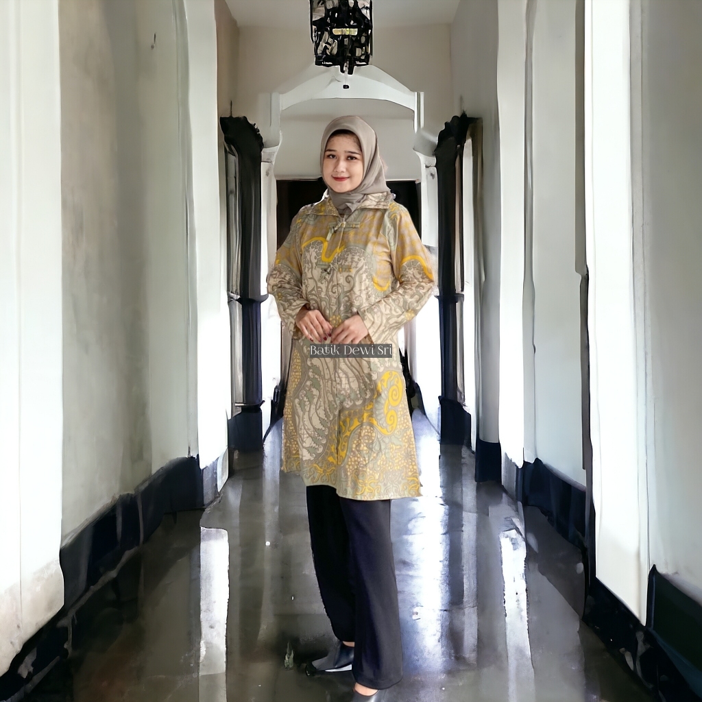 Tunik Batik Atasan Wanita Premium Lapis Furing Halus Trikot Motif Parang Ungker Soft Cream