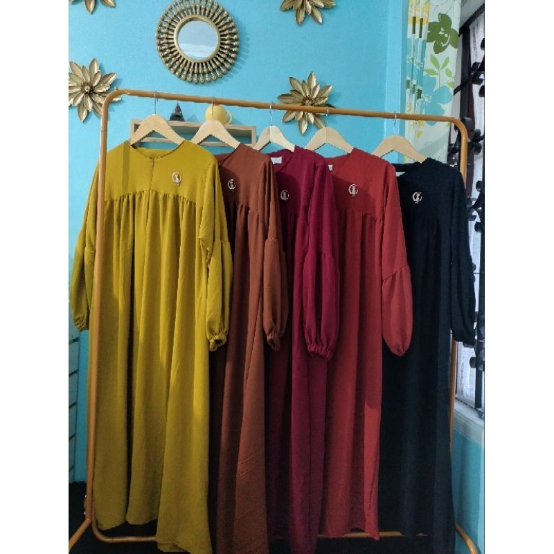 DRESS MIDI TANGAN BALON DAN REMPEL CRINKLE PREMIUM DRESS WANITA