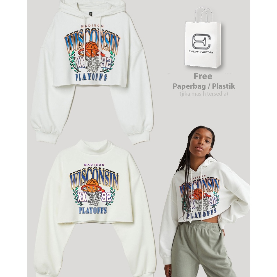 Fast Sale  Crop Sweater HM Wisconsin Original Crewneck Crop Broken White Hoodie Crop Wanita Soft Cre