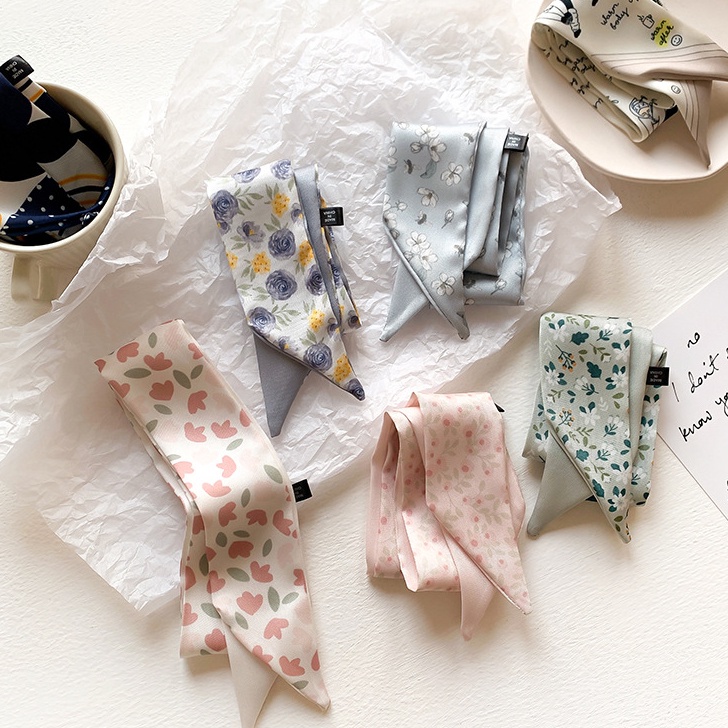 C6369 KOREAN TWILLY MOTIF BUNGA SILK SATIN SCARF BAG SHAWL RIBBON STYLE BASIC FLOWER SOFT PASTEL HAI